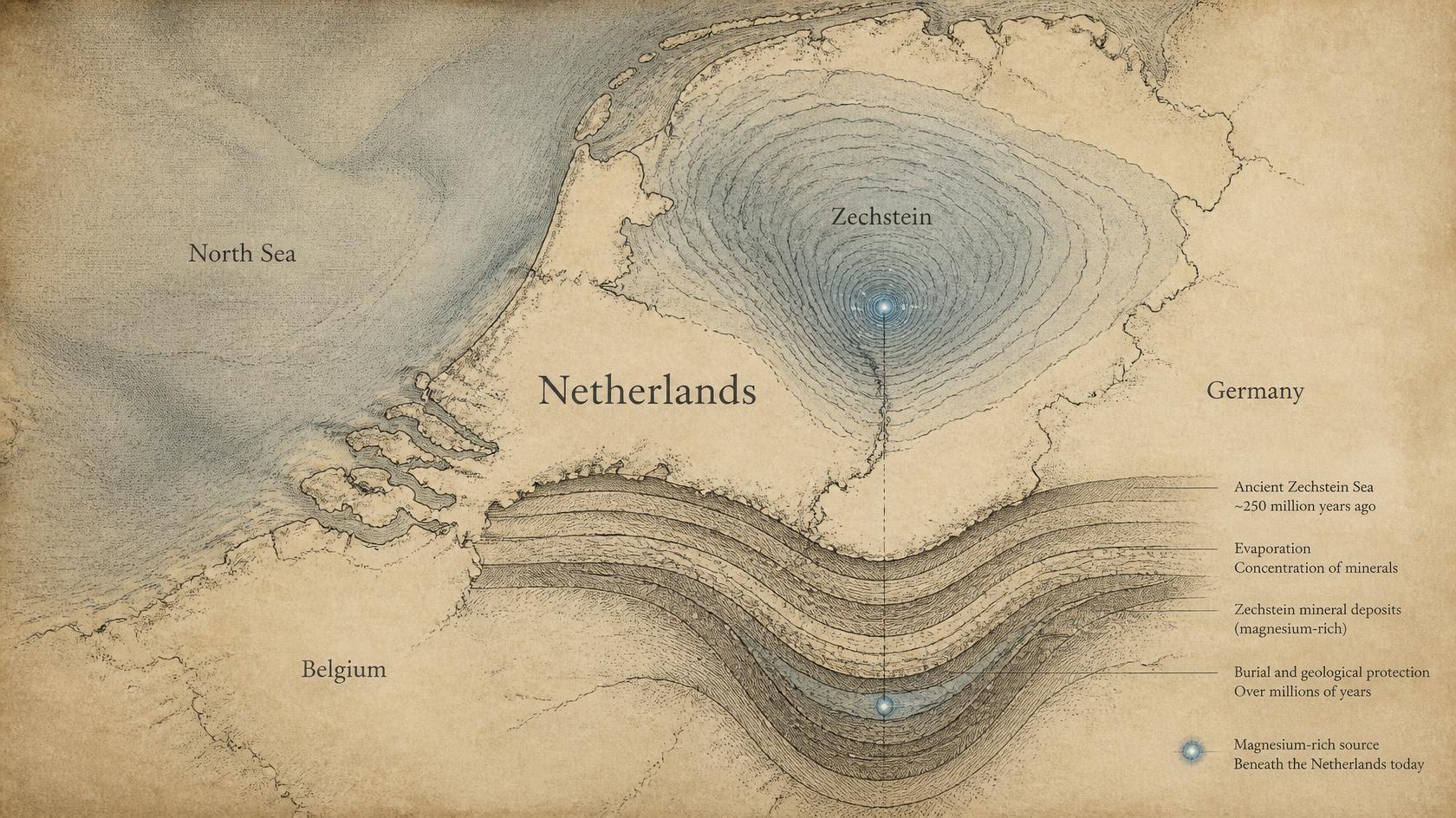 Antique-style map of the Netherlands and the North Sea region, showing the ancient Zechstein Sea, the evaporation cycles, the mineral deposits and the magnesium-rich source beneath the Netherlands today