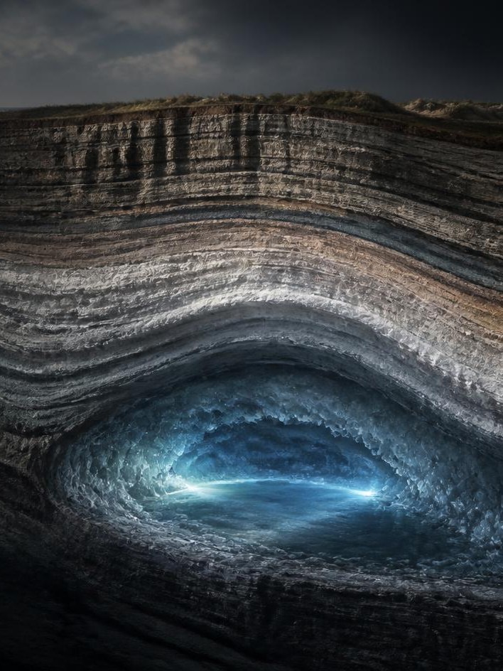 Cutaway view of layered rock deep beneath the surface, revealing a luminous blue mineral deposit sealed within the Earth