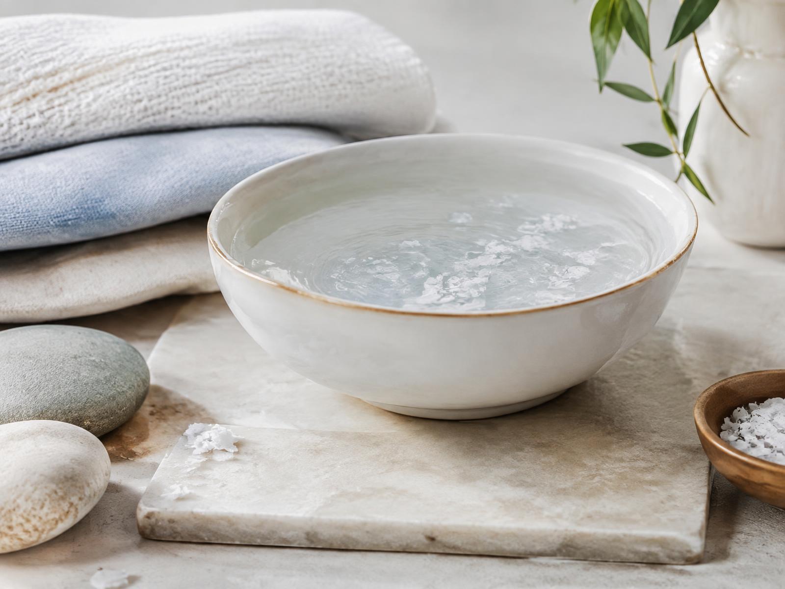 A ceramic bowl of mineral water with magnesium flakes and linen towels