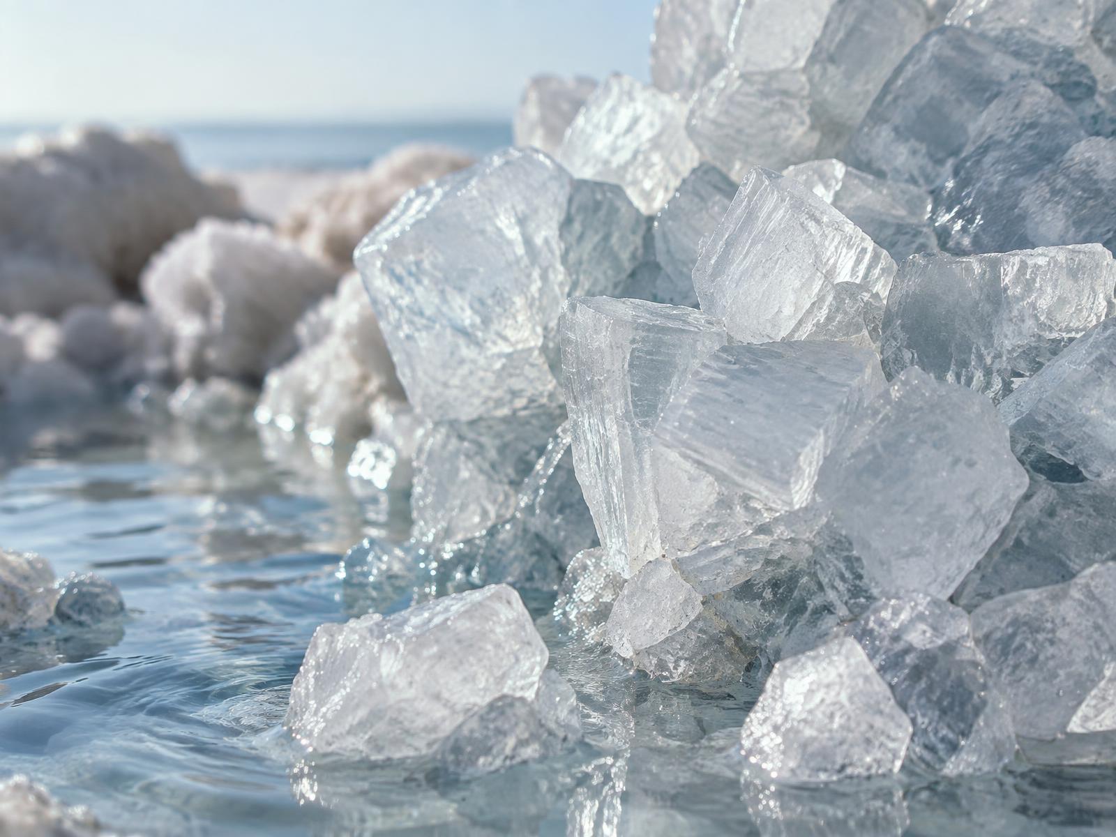 Clear magnesium chloride crystals meeting water