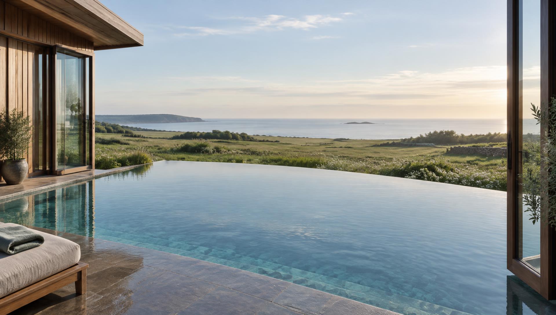 A quiet outdoor pool opening onto meadow and sea in early morning light