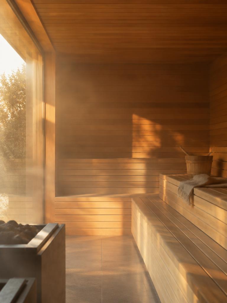 A timber sauna in warm light