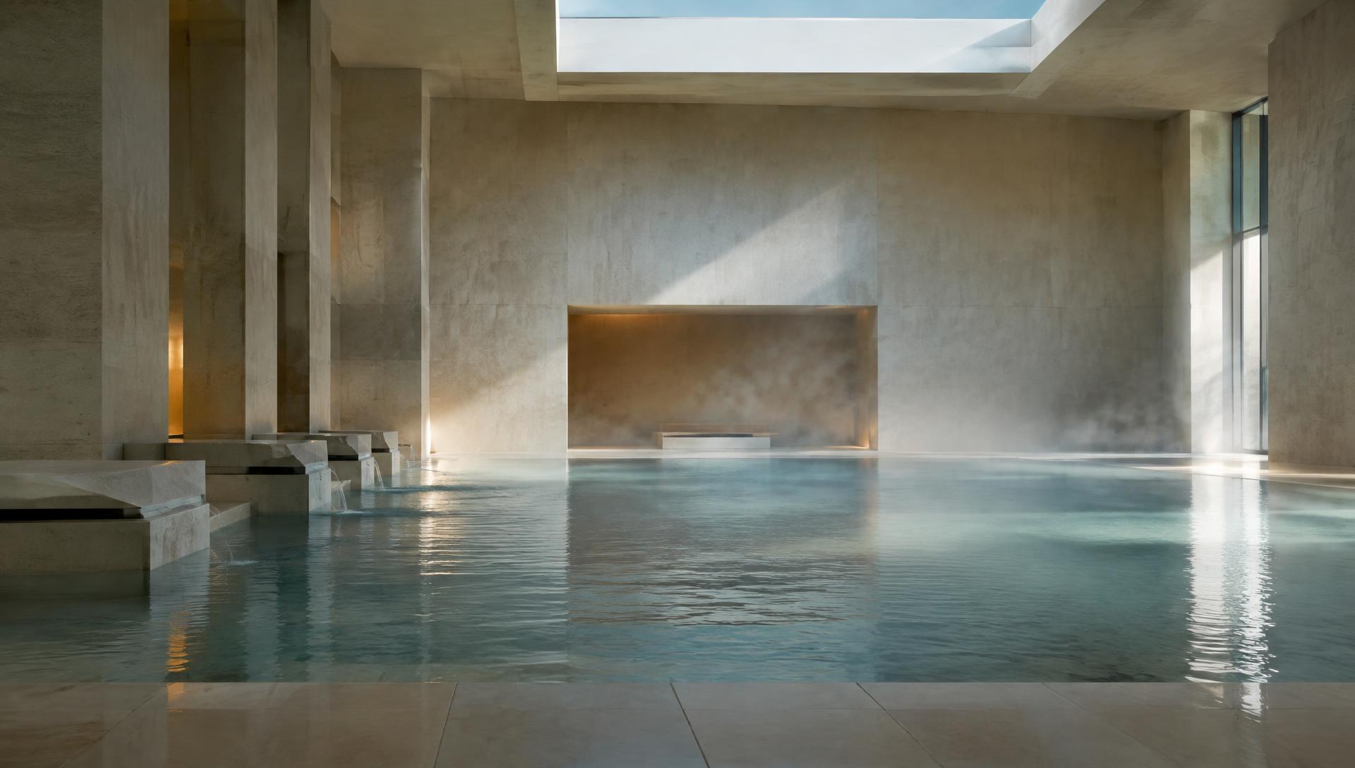 A contemporary thermal bathing hall with still mineral water and soft daylight