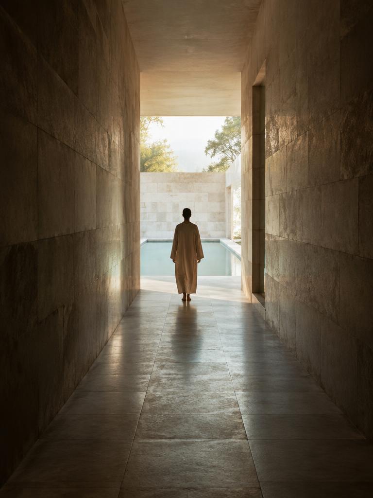 A figure walking toward a pool