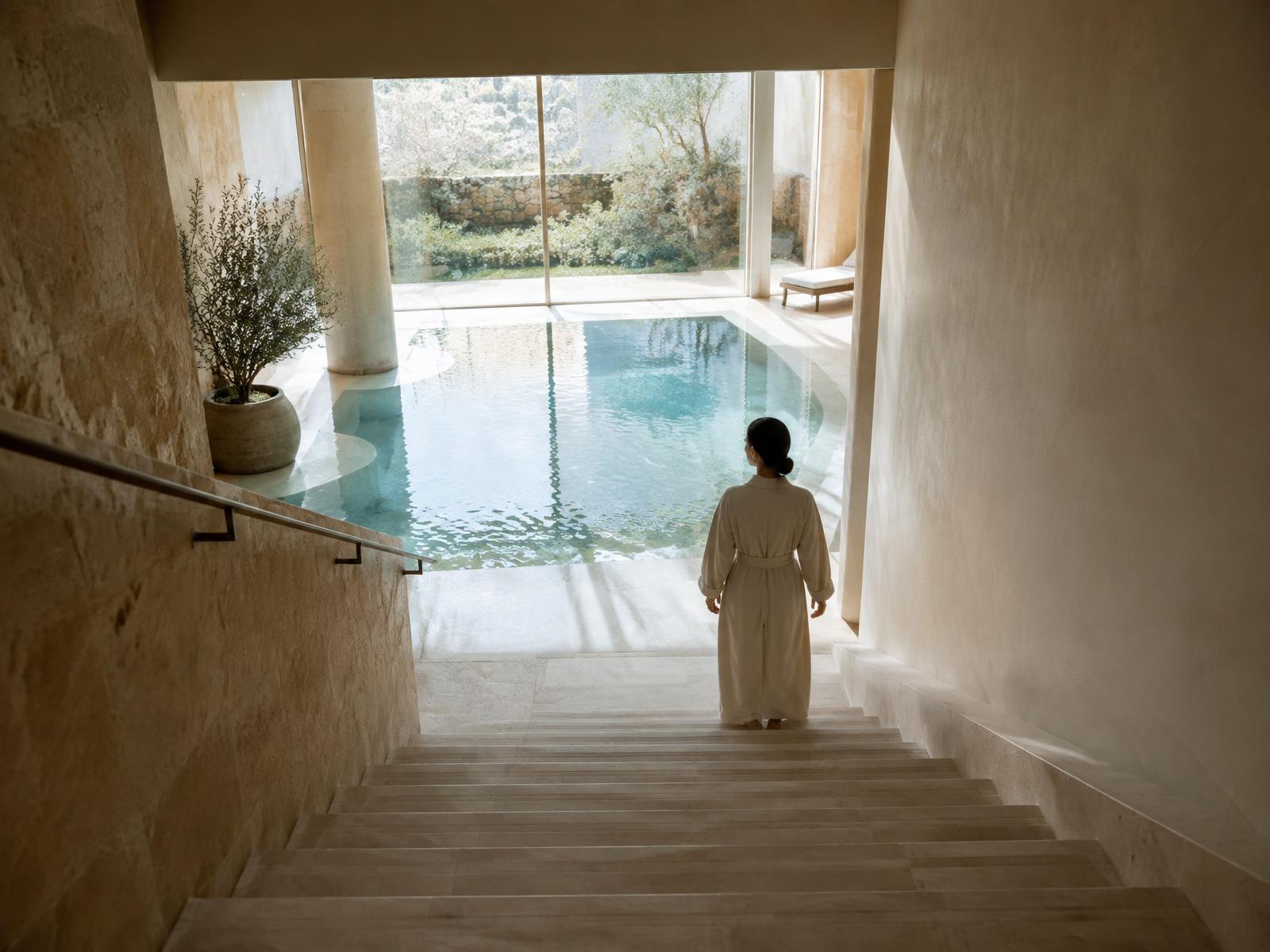 A figure in a robe descending stone stairs toward a calm indoor pool