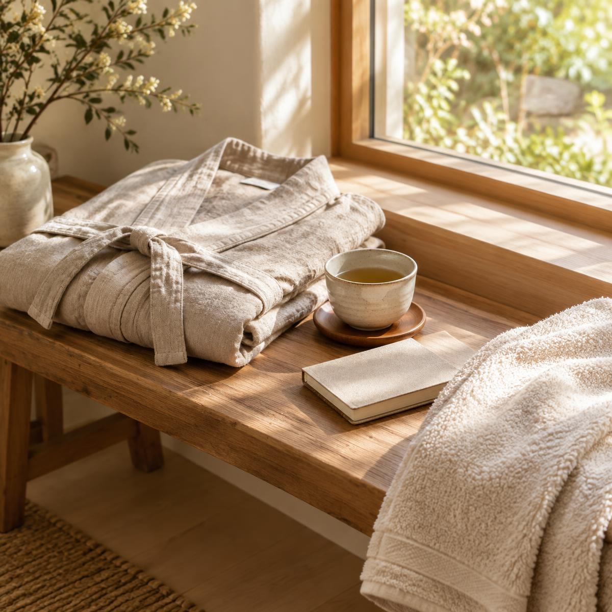 A folded linen robe, tea cup and notebook on a wooden bench in morning light