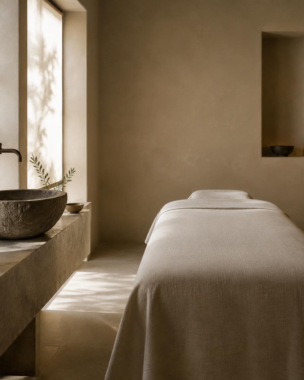 A calm treatment room with a linen-covered bed and stone basin