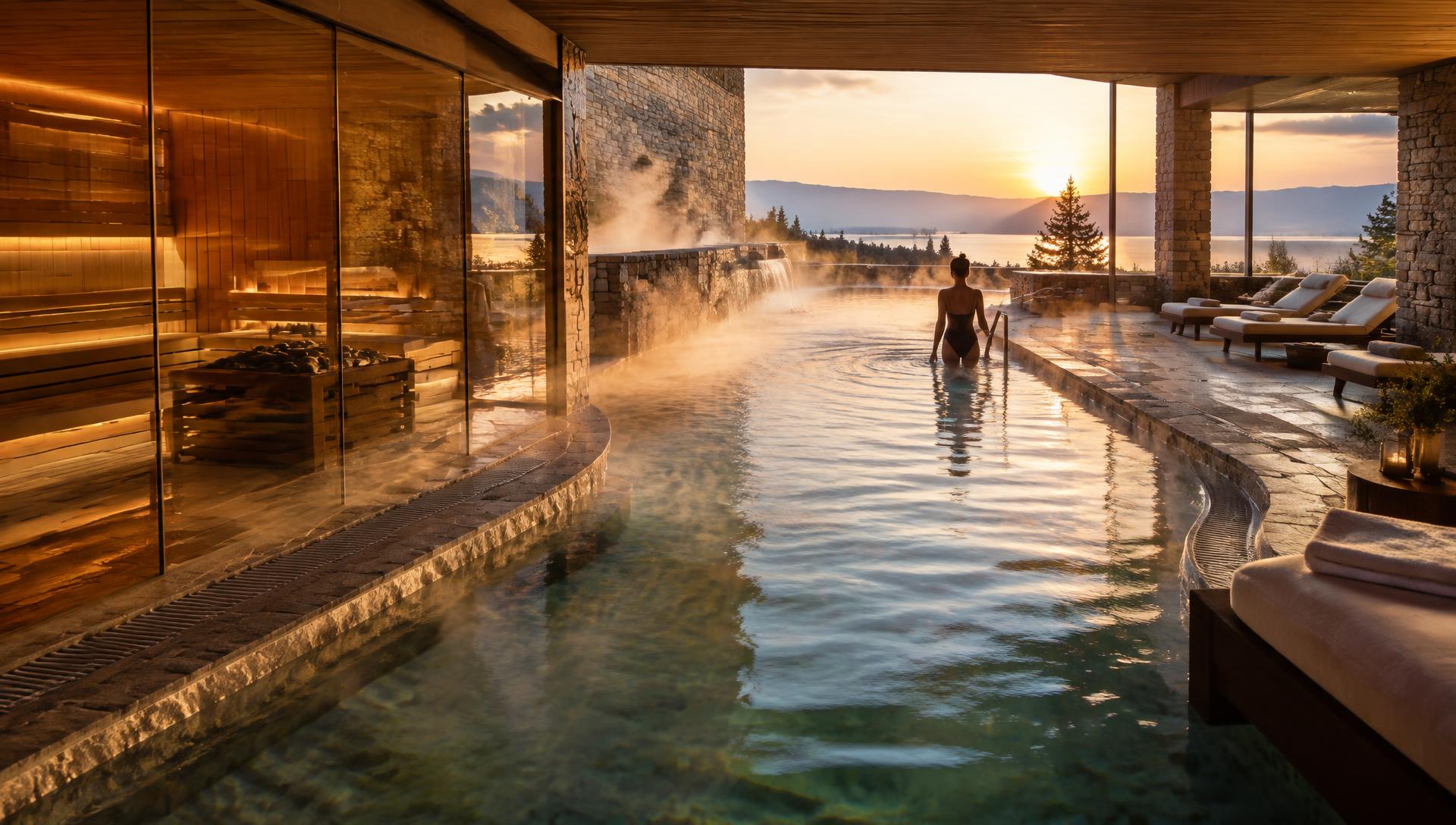 A figure stepping into a steaming thermal pool beside a glass sauna at sunset