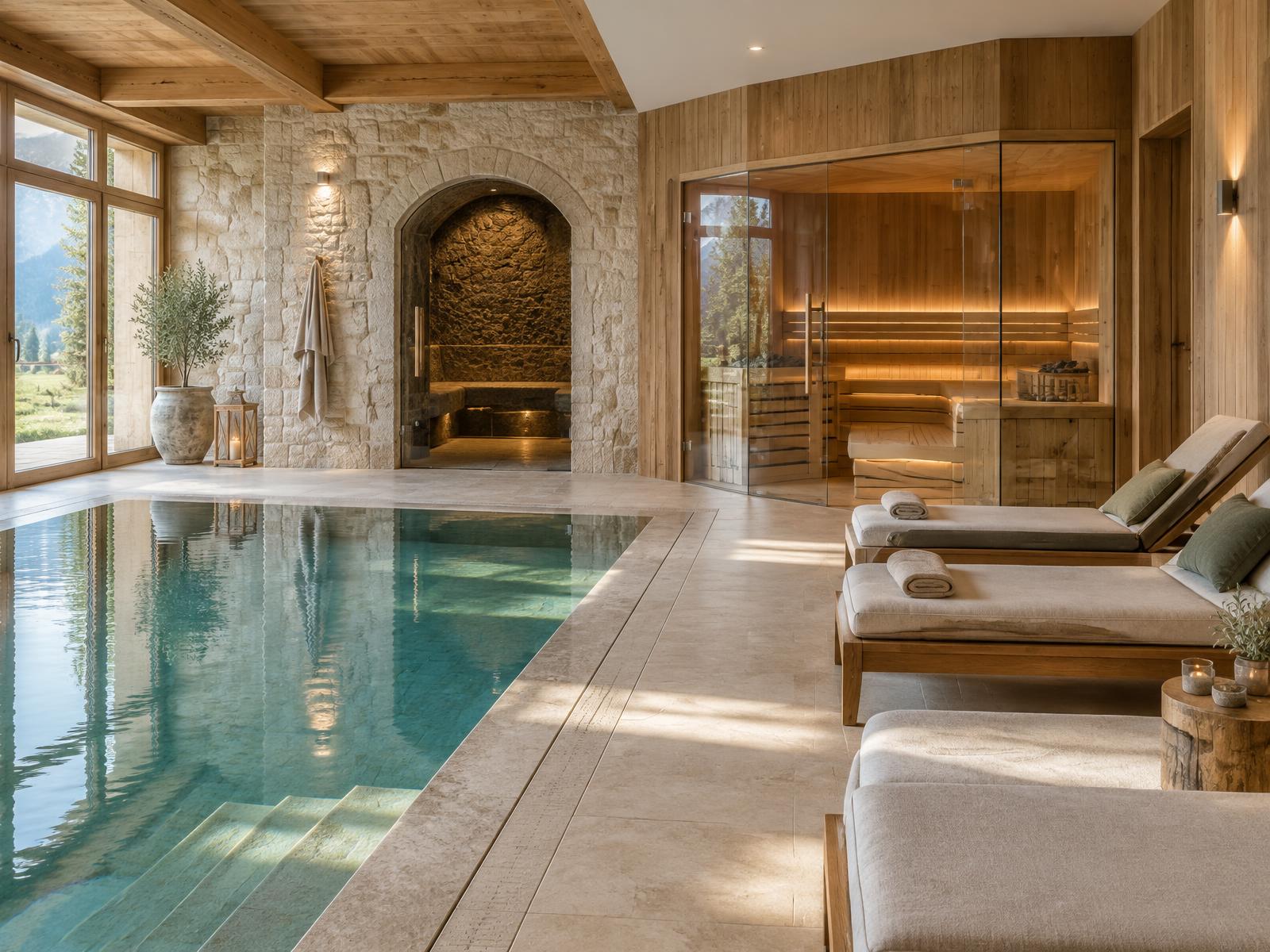 A spa interior where pool, steam room, sauna and loungers share one space