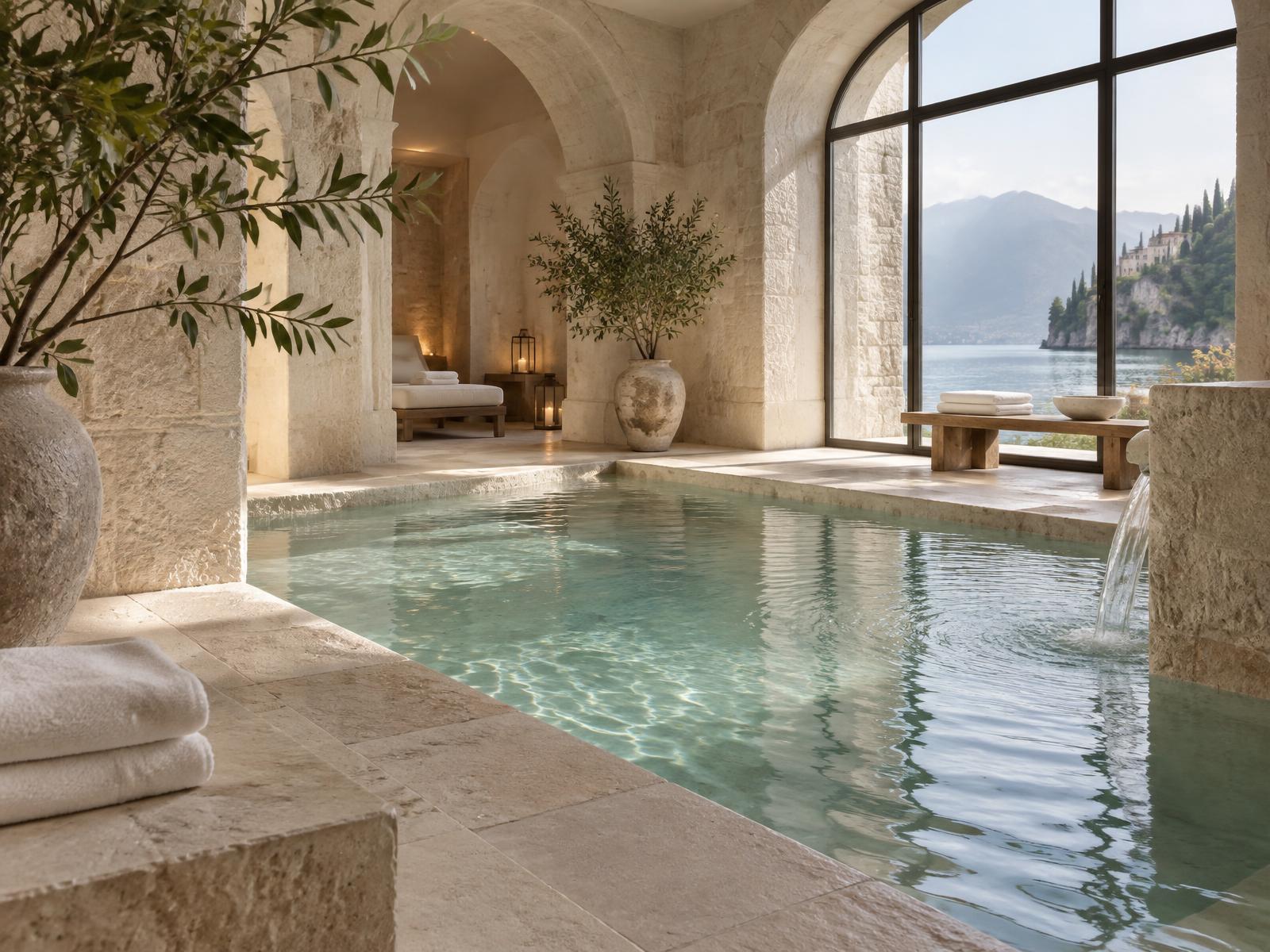 A serene mineral-water spa in soft daylight